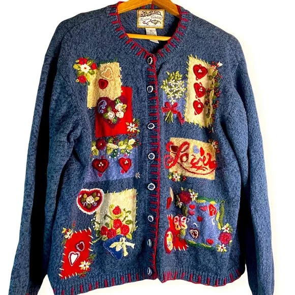 Vintage Valentine Love Cotton Cottagecore Grandma Embroidered Sweater Cardigan - Picture 1 of 12